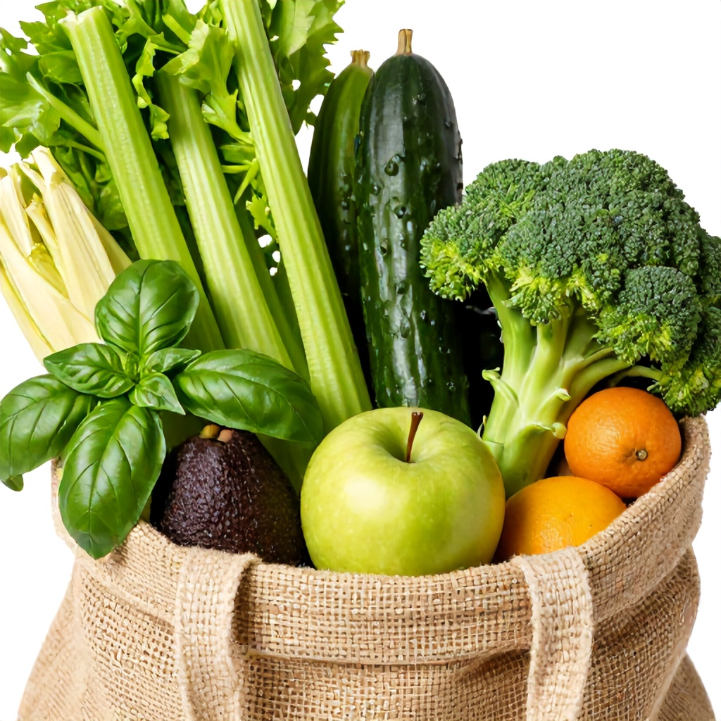 A close-up view captures a woven natural fiber bag overflowing with a vibrant assortment of fresh produce. Various shades of green dominate, with celery stalks, basil leaves, broccoli florets, and cucumbers prominently displayed. Other items like a green apple, an avocado, and some citrus fruits are nestled within the fresh bounty, suggesting a healthy and abundant haul.