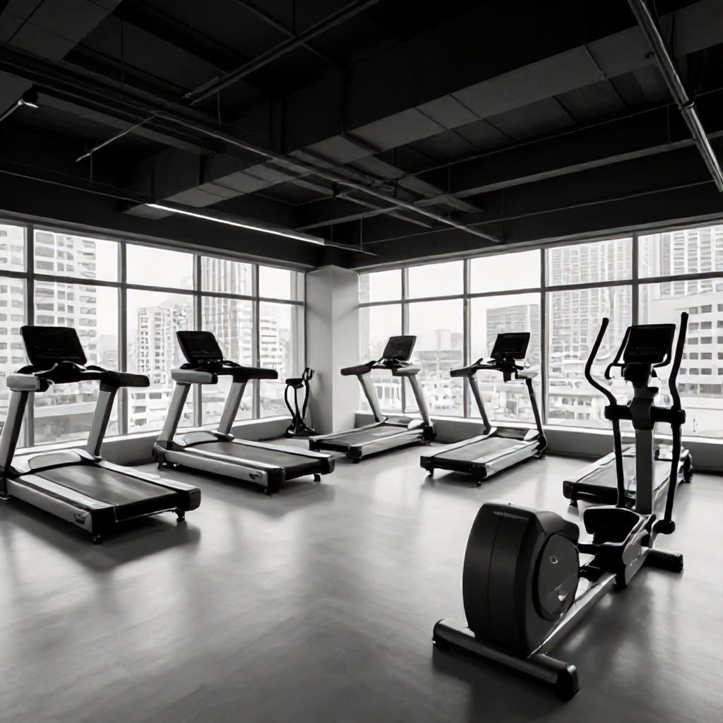 This monochromatic image captures a spacious, modern fitness facility devoid of people. Various exercise machines, including treadmills and an elliptical, are arranged across the reflective floor. Large windows provide an expansive view of an urban landscape with numerous tall buildings. The space features a dark, geometric ceiling structure, contributing to a clean and functional aesthetic.