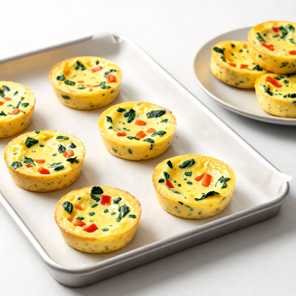 A metal baking sheet lined with parchment paper holds several circular egg bites, each speckled with bits of green spinach and red bell pepper. A small plate containing a few additional egg bites sits nearby, creating a bright and inviting kitchen scene. The aesthetic is clean and minimalist, emphasizing the fresh textures and warm yellow hues of the cooked breakfast items.