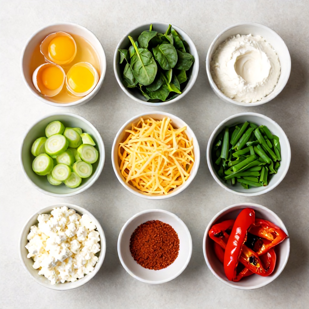 An overhead view displays an array of fresh ingredients arranged in various small bowls for meal preparation. The selection includes cracked eggs, chopped spinach, shredded cheese, cottage cheese, sliced scallions, roasted red peppers, and a small portion of spices. The neutral, light-toned surface and clean presentation create a bright, organized, and inviting culinary aesthetic.