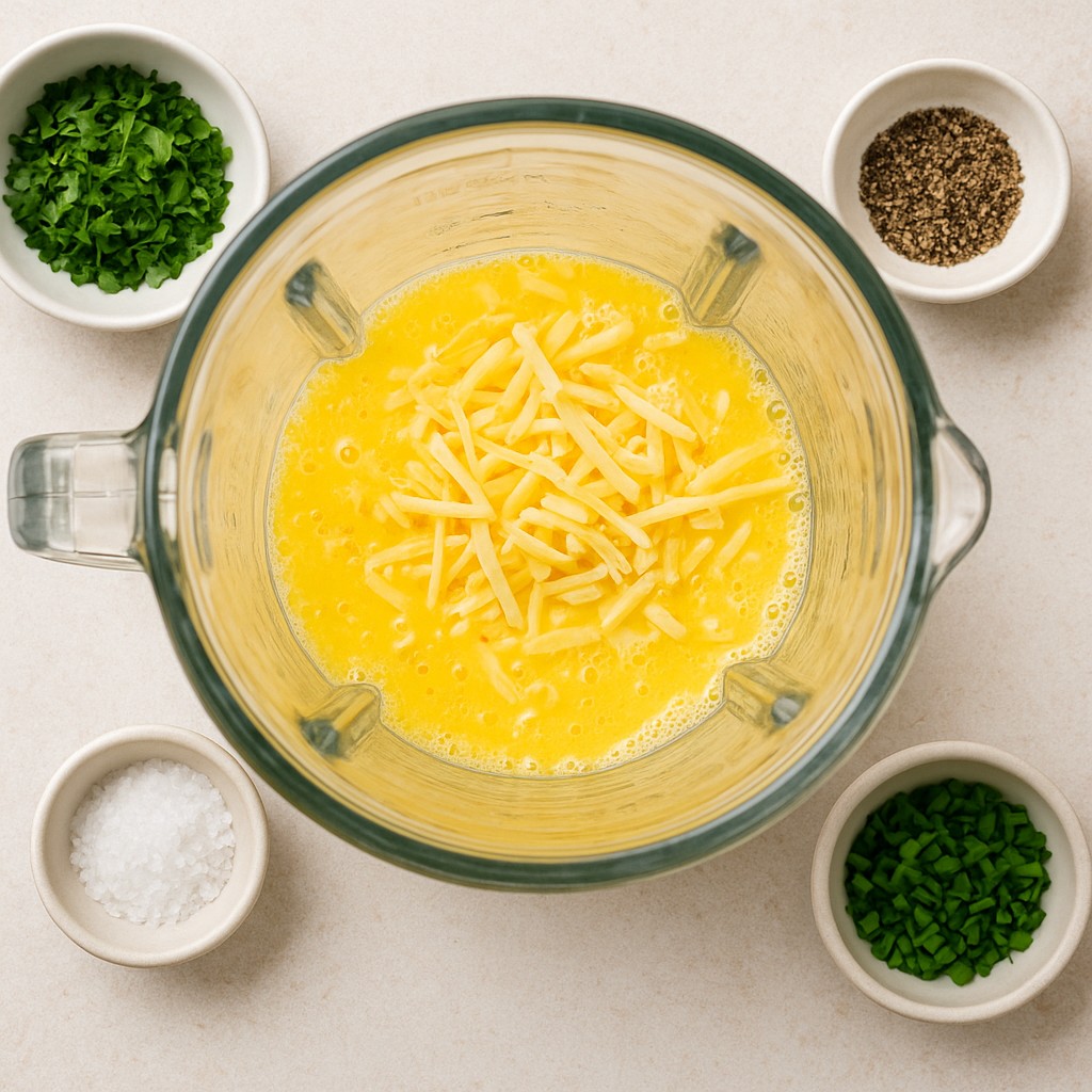 A top-down view shows the interior of a clear blender jar containing a mixture of raw egg and shredded cheese. Surrounding the blender are small bowls containing various ingredients like fresh herbs and spices, set against a neutral, light-colored kitchen surface. The overall atmosphere is bright, clean, and focused on the preparation of a meal.