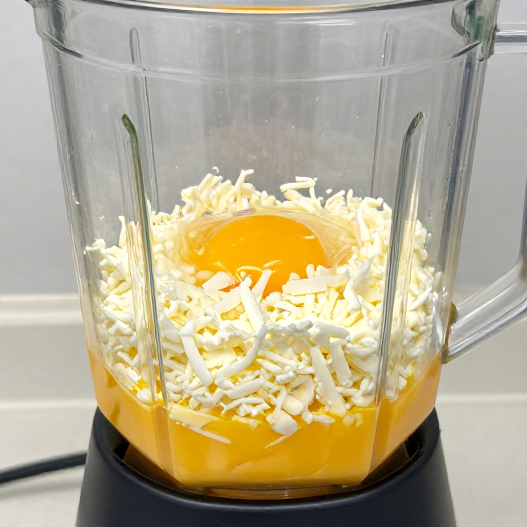 A transparent blender jar sits on a countertop, filled with a mixture of raw egg yolks and shredded white cheese. The ingredients are layered inside the container, with the vibrant yellow yolks contrasting against the pale, textured cheese. The lighting is bright and clean, emphasizing the culinary preparation process in a kitchen setting.