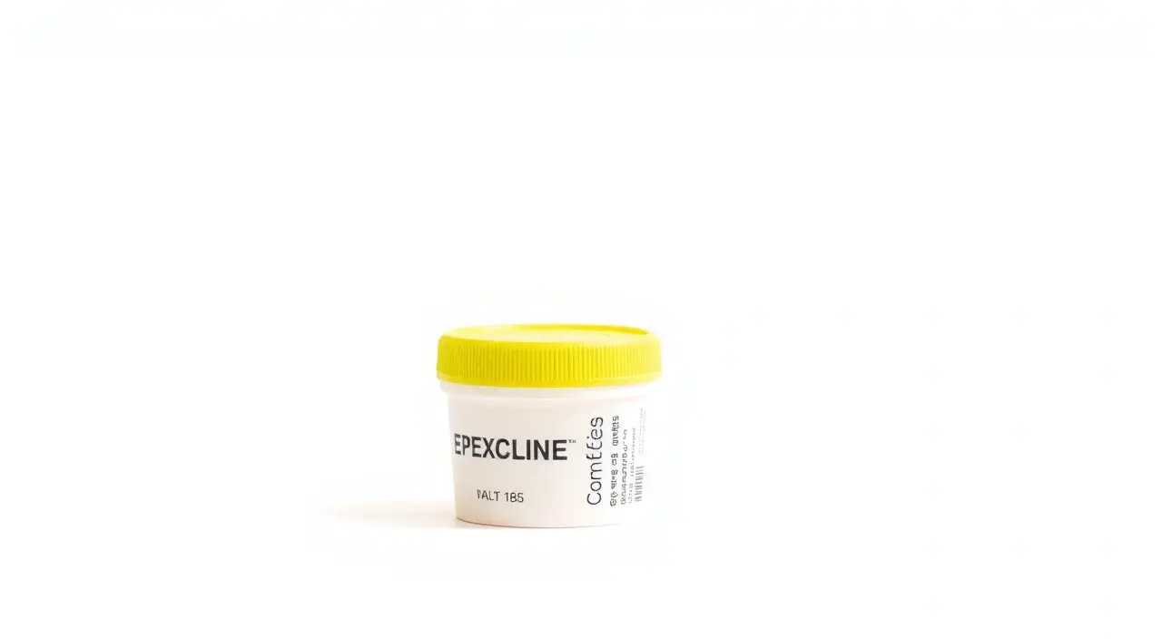 A squat white container with a bright yellow lid is prominently displayed against a pure white background. Dark blue text is visible on the container's side. The image presents a clean, bright product photograph, conveying a modern and professional aesthetic.