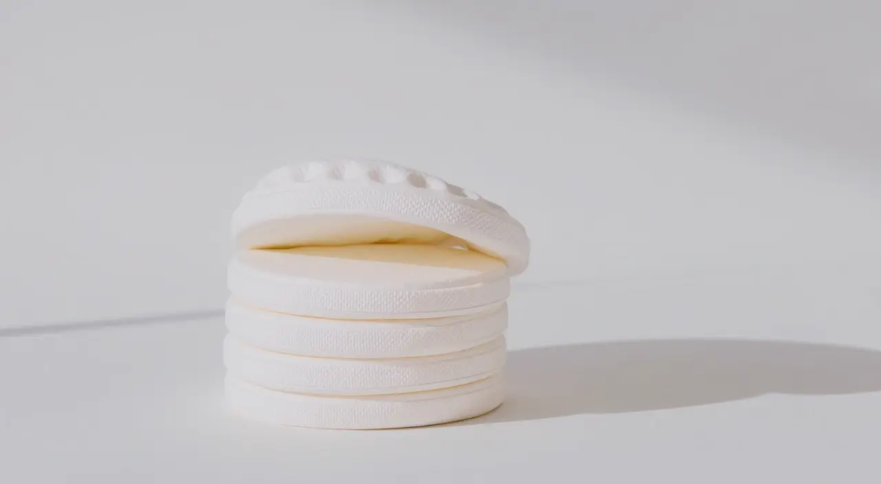 The image features a stack of several white, circular textured pads positioned on a plain light background. The topmost pad is gently lifted or folded back, revealing its quilted pattern and the layers beneath. Bright, direct lighting casts soft shadows to the right, contributing to a clean, minimalist, and serene aesthetic.