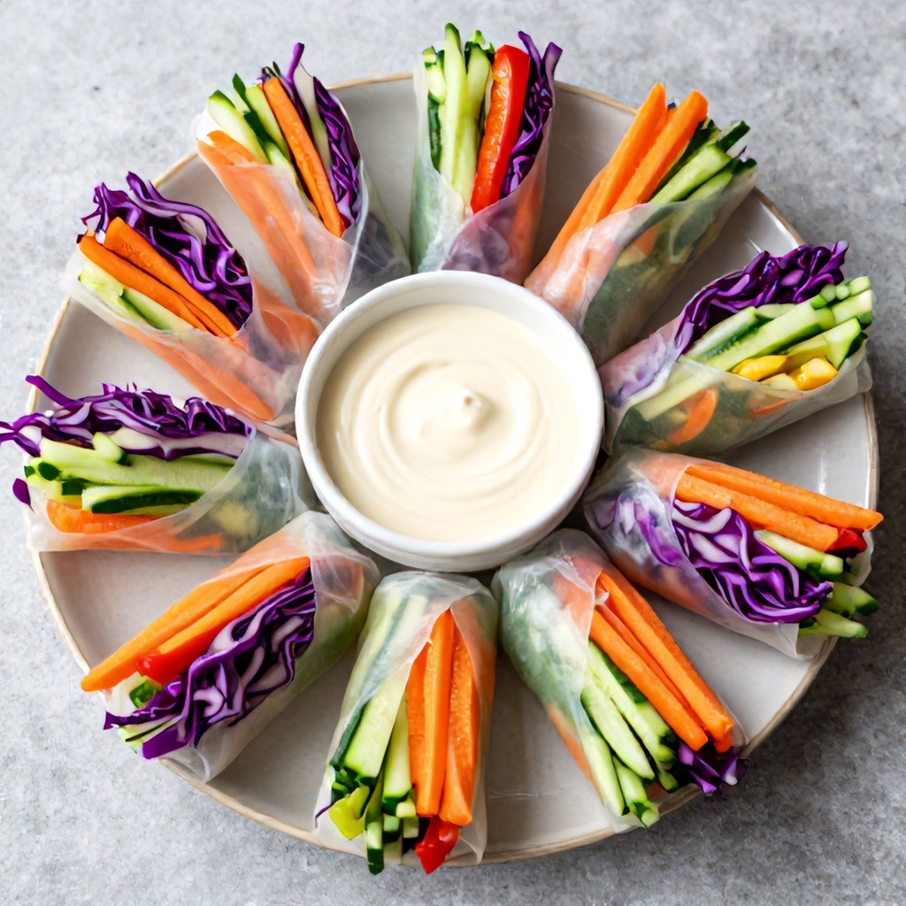 A plate of vibrant, multi-colored vegetable spring rolls is arranged in a circle alongside a small bowl of creamy dipping sauce. The translucent rice paper wraps are filled with thinly sliced purple cabbage, carrots, cucumbers, and bell peppers, creating a rainbow effect. The dish is presented on a neutral grey stone surface, highlighting the bright, fresh colors of the ingredients for an appetizing and healthy aesthetic.