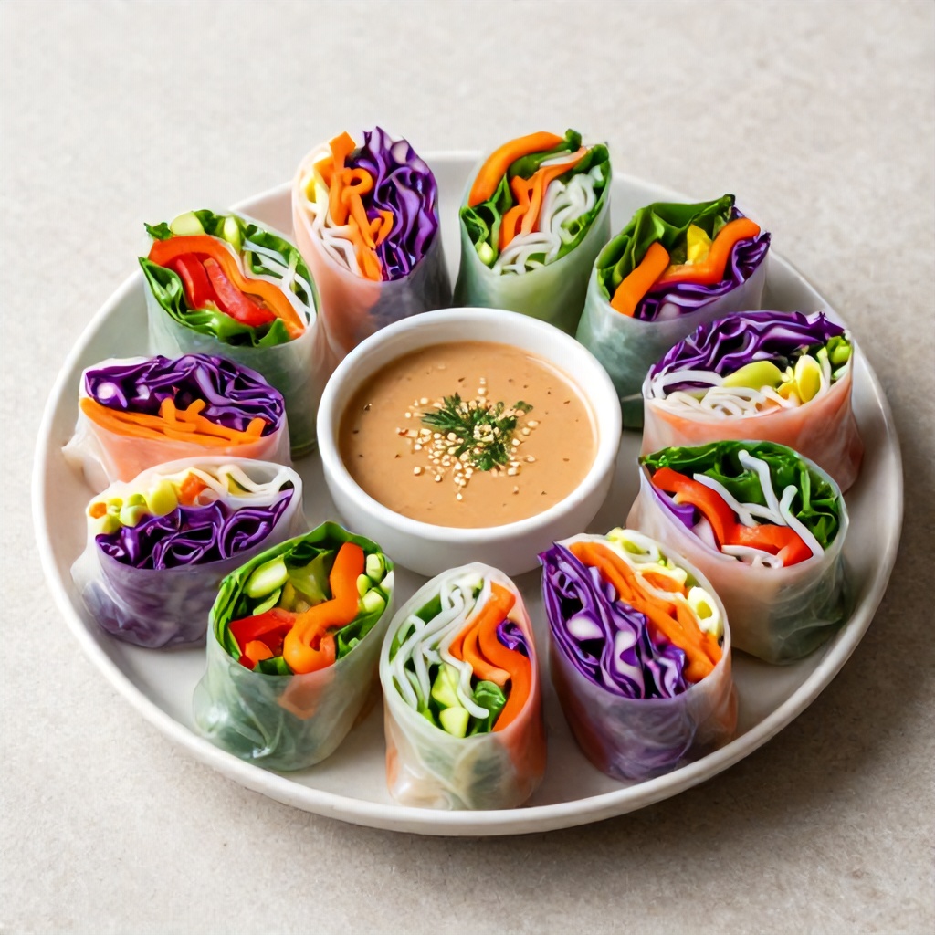 A circular arrangement of colorful fresh spring rolls is presented on a light-colored speckled plate. The translucent rice paper wraps are filled with a vibrant mix of shredded purple cabbage, carrots, bell peppers, leafy greens, and thin noodles. In the center of the plate sits a small bowl of creamy brown dipping sauce topped with sesame seeds and fresh herbs, all set against a neutral, textured background.