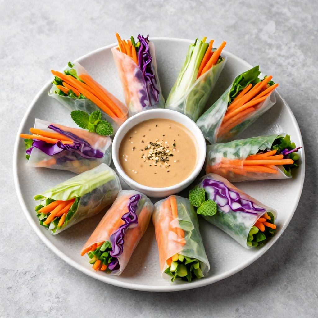 A variety of colorful vegetable spring rolls are arranged in a circular pattern on a light grey textured plate. The translucent rice paper wraps reveal a vibrant mix of shredded carrots, purple cabbage, and fresh greens, accompanied by sprigs of mint. At the center of the arrangement sits a small bowl of creamy tan dipping sauce garnished with sesame seeds and herbs. The presentation is set against a neutral, mottled grey background, conveying a fresh and healthy mood.