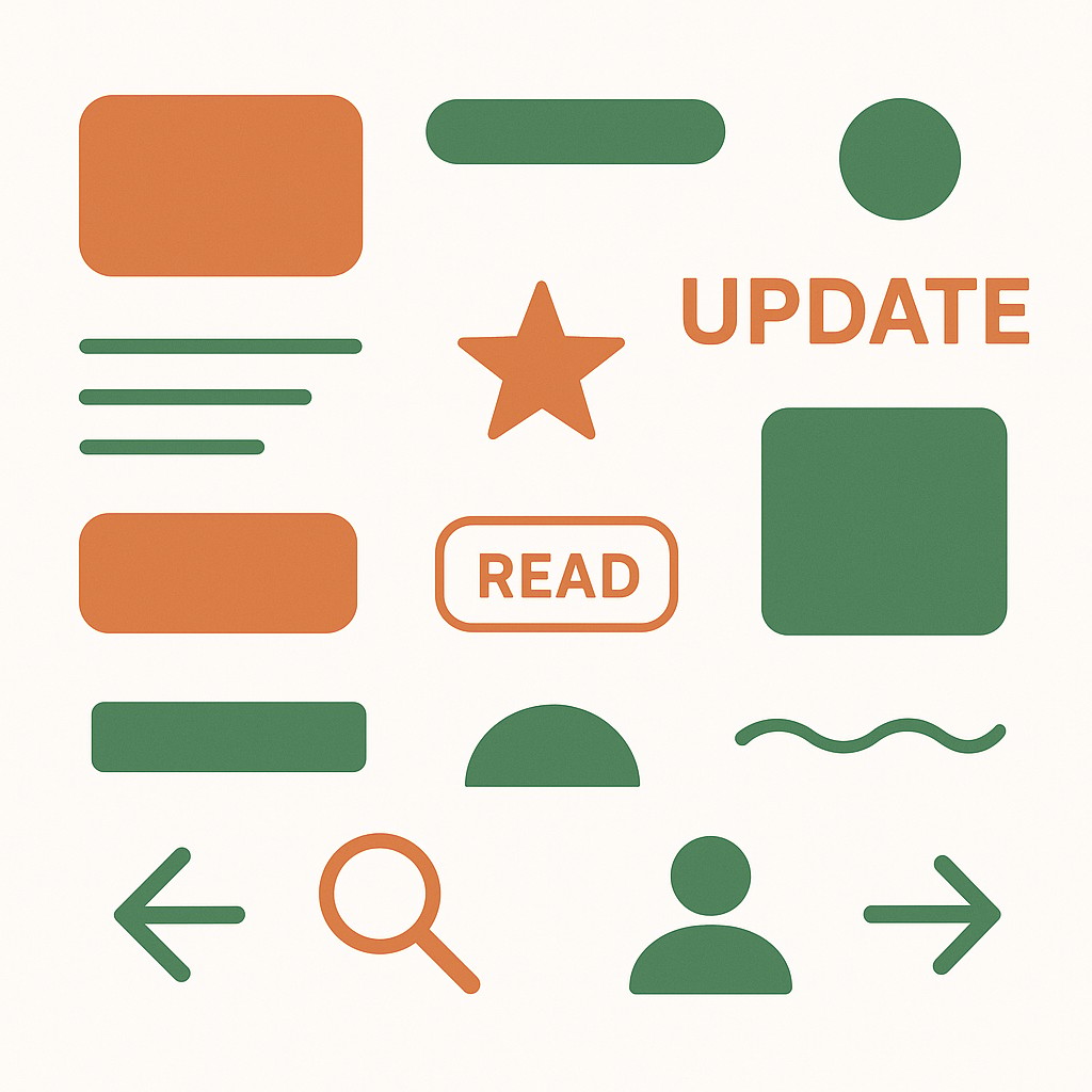 This image features a collection of minimalist graphic elements, including various text snippets and simple, abstract symbols arranged on a plain white background. The color palette relies on shades of orange and green, creating a clean, digital aesthetic. Small navigational icons such as arrows, a magnifying glass, and a silhouette of a person are positioned at the bottom, suggesting a web-based interface or design layout.