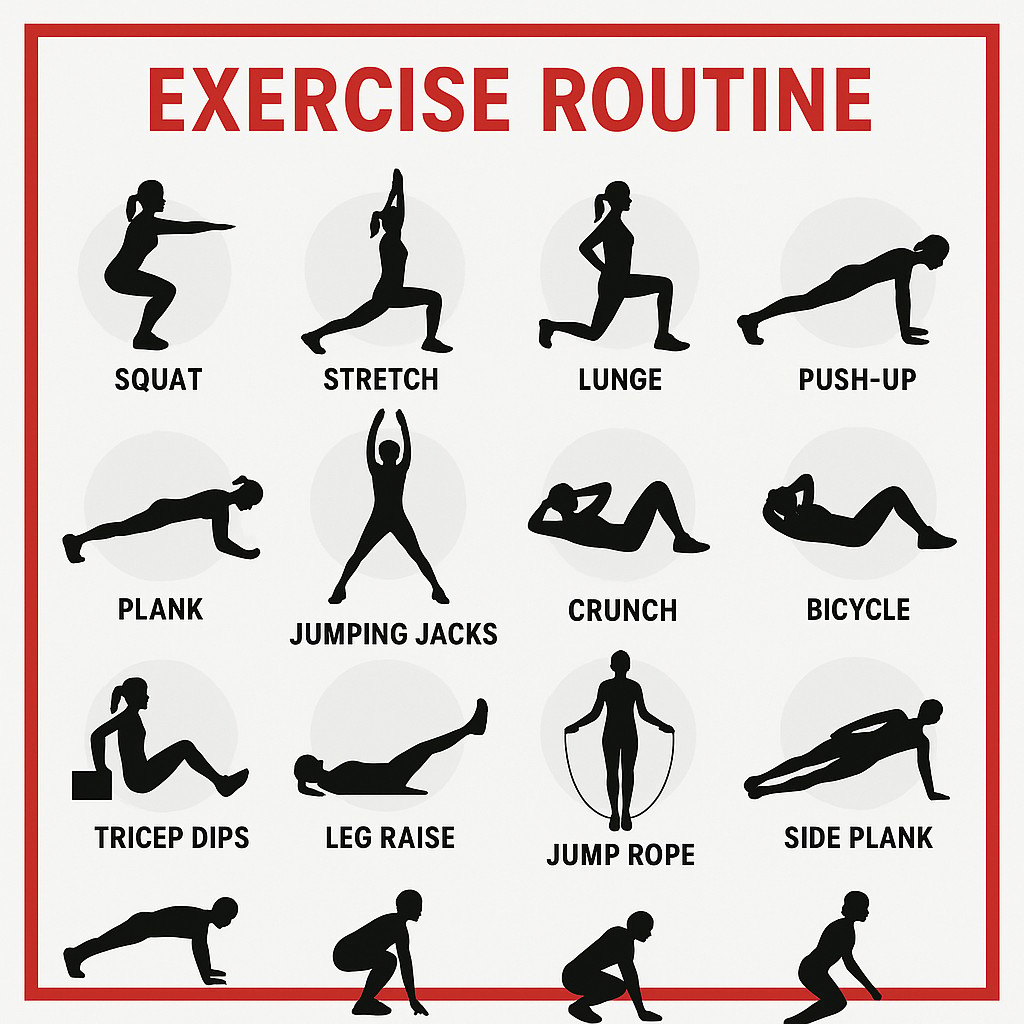 This instructional graphic presents a grid of fourteen black silhouette figures demonstrating various exercise poses. Set against a clean white background with a red border and title, each figure is accompanied by descriptive text, with certain terms highlighted in red. Subtle light gray circular elements often frame the figures, contributing to the overall minimalist, structured, and informative style. The layout conveys a calm and systematic approach to an exercise routine.