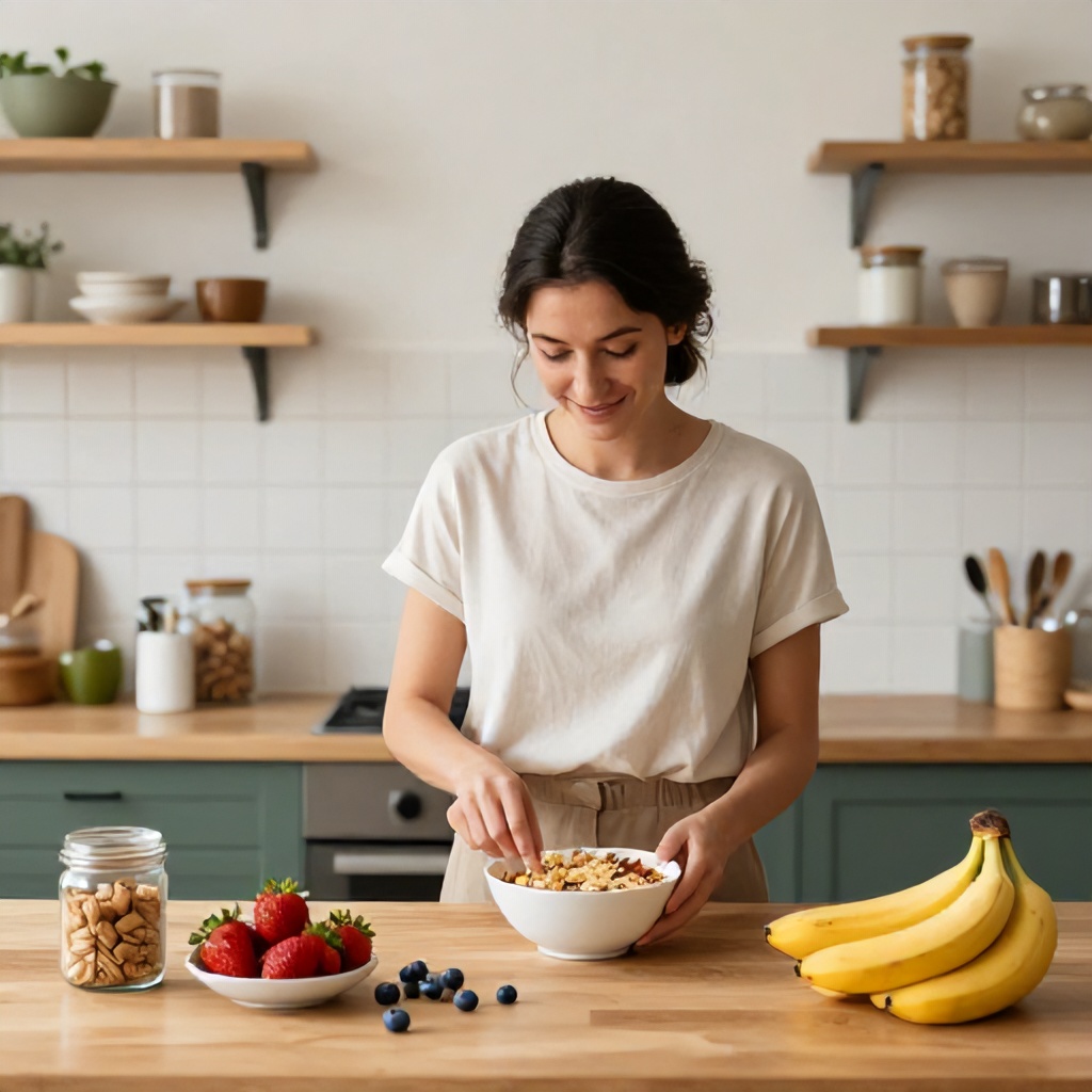 A person with dark hair tied back is happily preparing a healthy breakfast in a bright, modern kitchen. The wooden countertop in the foreground is abundant with fresh ingredients like strawberries, blueberries, and bananas, along with bowls of cereal and jars of nuts. The kitchen features light-colored walls, white tiled backsplash, open shelving, and contrasting dark green lower cabinets, creating an inviting atmosphere. The overall style is clean and natural, conveying a mood of joyful domesticity and mindful eating.