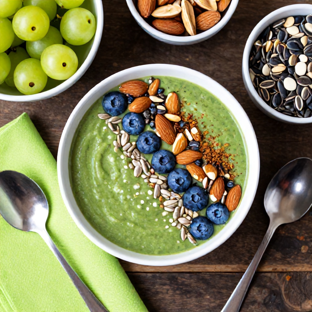 An overhead shot displays a vibrant green smoothie bowl, richly topped with an assortment of healthy ingredients. The smoothie features sections of fresh blueberries, flaked almonds, small dark seeds, sunflower seeds, and a sprinkle of brown spice. Surrounding it are additional bowls of fresh fruit, nuts, and seeds, along with a bright green napkin and two spoons. All items are artfully arranged on a dark, rustic wooden surface, creating a fresh and inviting scene with a natural, wholesome mood.