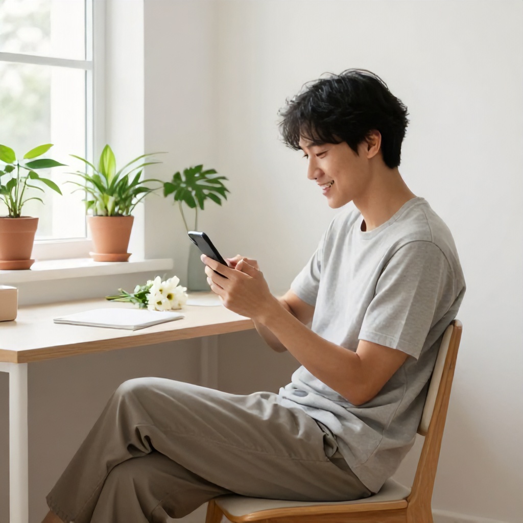 A person sits comfortably on a wooden chair, smiling as they engage with a mobile device. They are positioned at a light-colored desk in a bright, modern room with white walls. Potted green plants and a small bouquet of white flowers adorn the desk and a sunlit windowsill, contributing to a fresh and serene atmosphere. The overall mood is relaxed and pleasant.