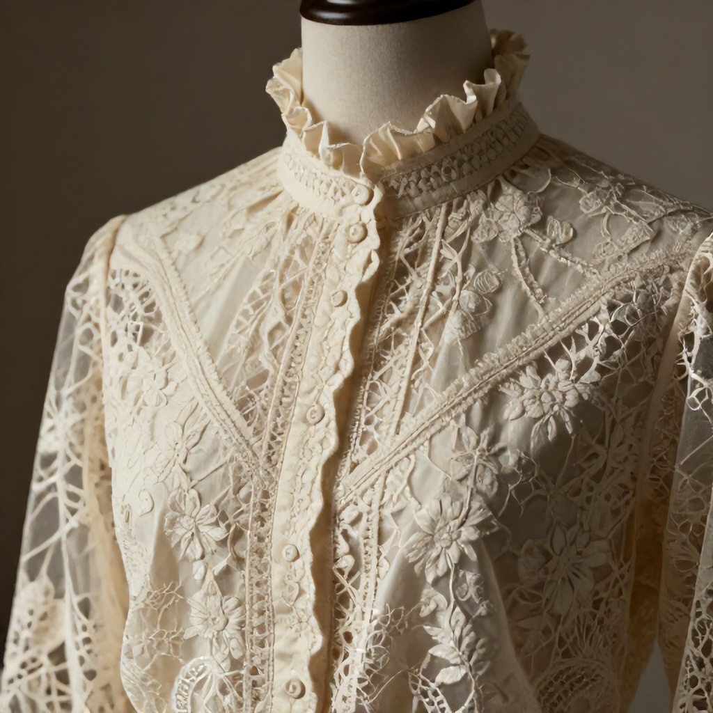 Romantic Cream Lace Blouse with Victorian Ruffles and Moody Floral Aesthetic