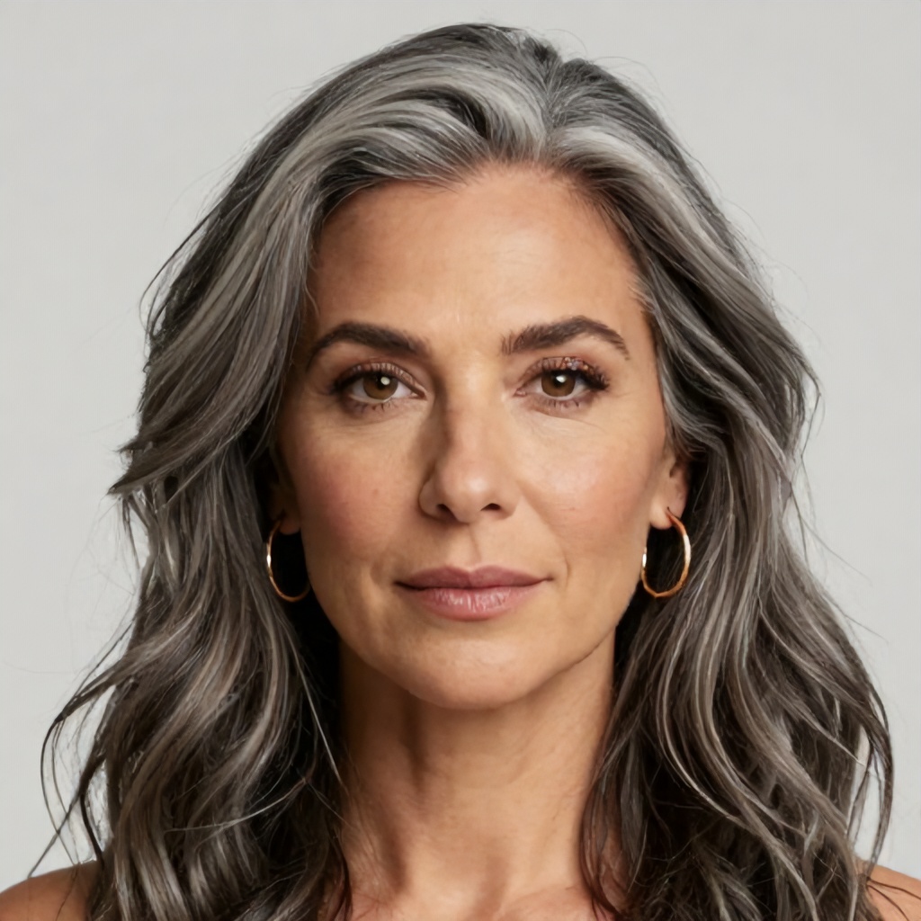 A close-up portrait of a woman with wavy, grey-toned hair centered against a plain, light grey background. She is wearing gold hoop earrings and has a calm, natural expression. The studio lighting provides a clean, professional aesthetic.
