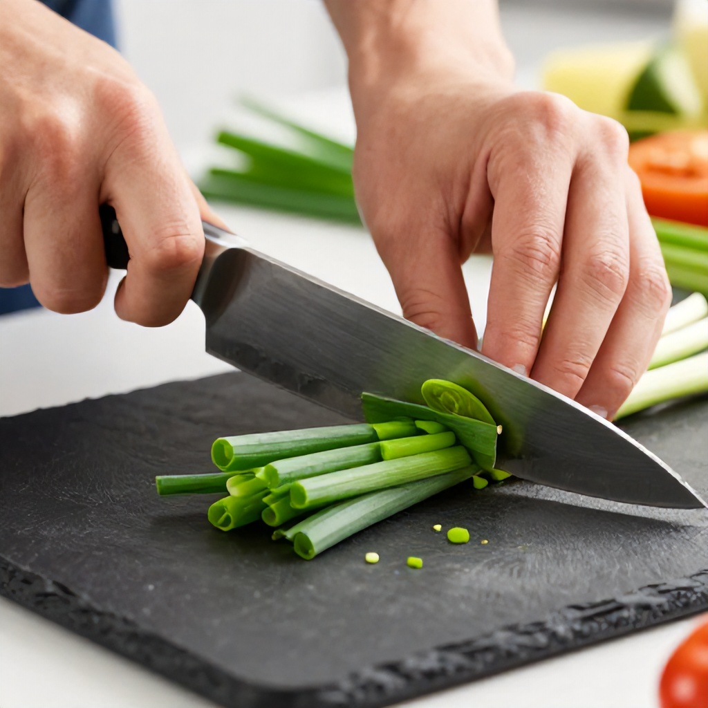 A person's hands are shown carefully slicing fresh green scallions on a textured black cutting board using a large chef's knife. The scene captures a bright kitchen environment during meal preparation, with more scallions and other ingredients visible in the soft-focus background. The sharp focus on the vibrant green vegetables and the action of the blade creates a clean and focused culinary atmosphere.