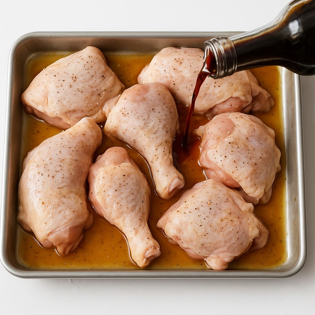 Raw chicken pieces are arranged on a silver metal baking tray, resting in a pool of golden-hued marinade. A dark liquid is poured from a glass bottle over the meat, which is lightly seasoned with fine salt and pepper. The scene is captured from a high angle against a bright, clean white surface, emphasizing the fresh ingredients and the preparation process.