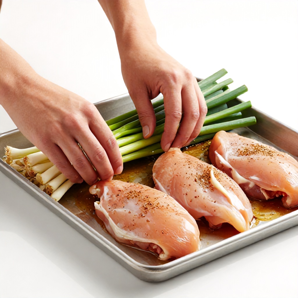 A pair of hands carefully arranges a bunch of fresh green onions on a metal baking sheet. Alongside the onions, raw chicken breasts sit in a savory, dark marinade sprinkled with small seasonings. The scene is brightly lit against a clean white background, capturing a moment of fresh meal preparation.
