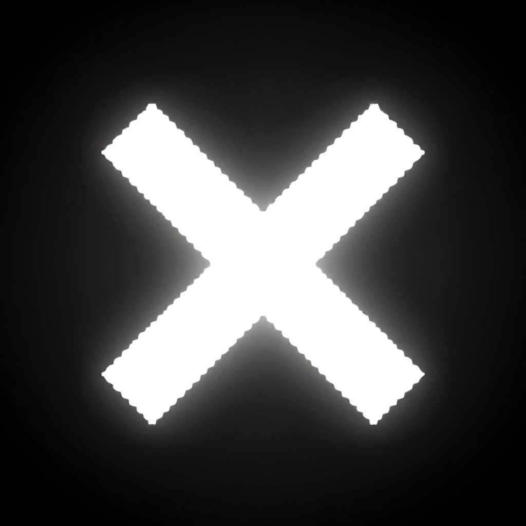 A stark white X-shaped symbol is centrally positioned against a dark, blurred background. The X appears to be rendered in a pixelated style, with soft glowing edges that create a slightly ethereal or digital effect. The overall mood is minimalist and perhaps a bit cautionary due to the common association of an X with negation or warning.