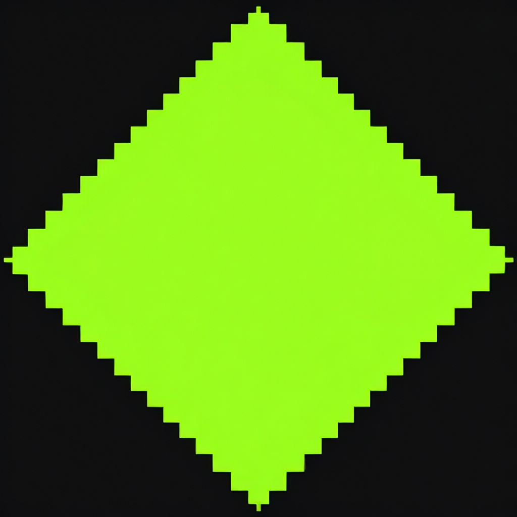 This is a pixelated image of a lime green diamond shape. The diamond has soft, rounded edges and appears to be set against a dark background. The overall impression is simple and abstract.