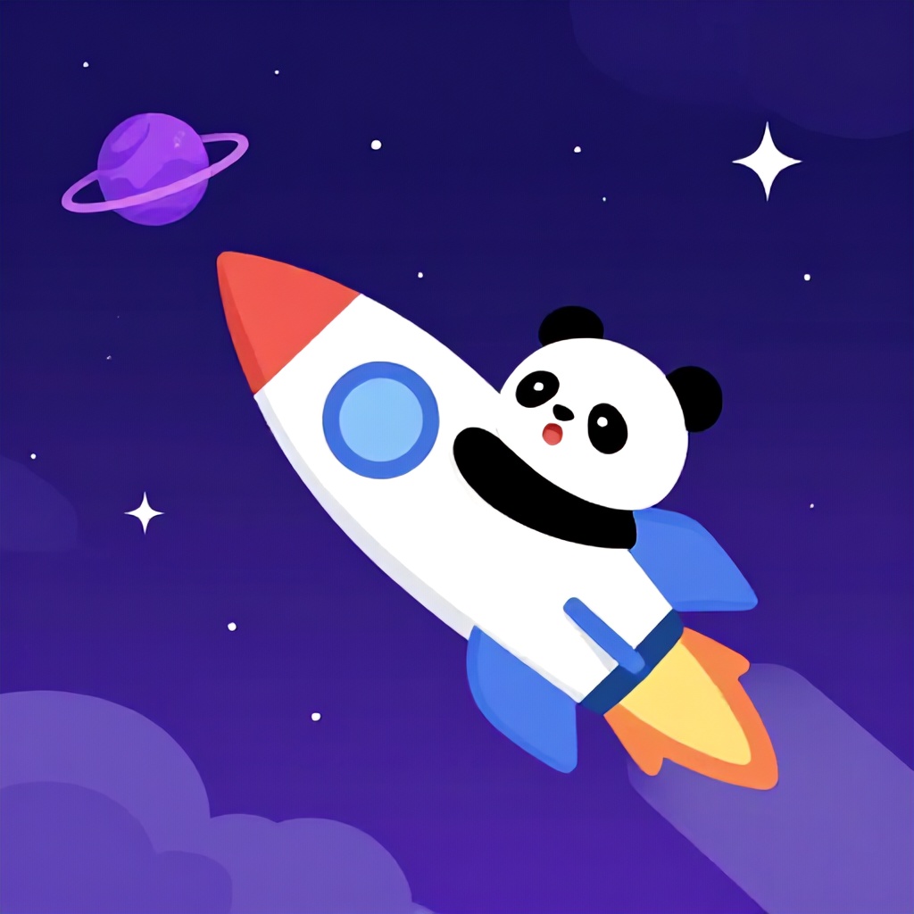 This is a whimsical, flat illustration depicting a stylized rocket ship soaring through a starry purple-blue night sky. A cartoonish panda figure with a surprised expression is riding the rocket, which is angled upwards towards a swirling purple planet. The overall mood is playful and imaginative, with bright colors and simple geometric shapes.