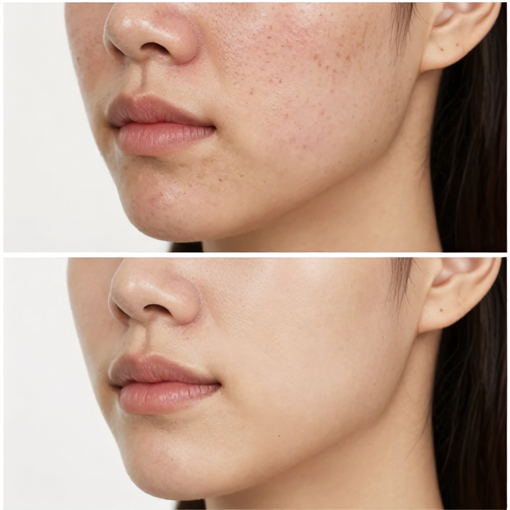 This image presents a side-by-side comparison of the same individual's lower face to show the progression of skin health. The top panel depicts significant facial acne with visible redness and inflammation, while the bottom panel shows the skin in a much clearer, smoother, and healthier state. The composition focuses solely on the chin, mouth, and jawline, utilizing neutral lighting to highlight the visible difference in texture and tone.