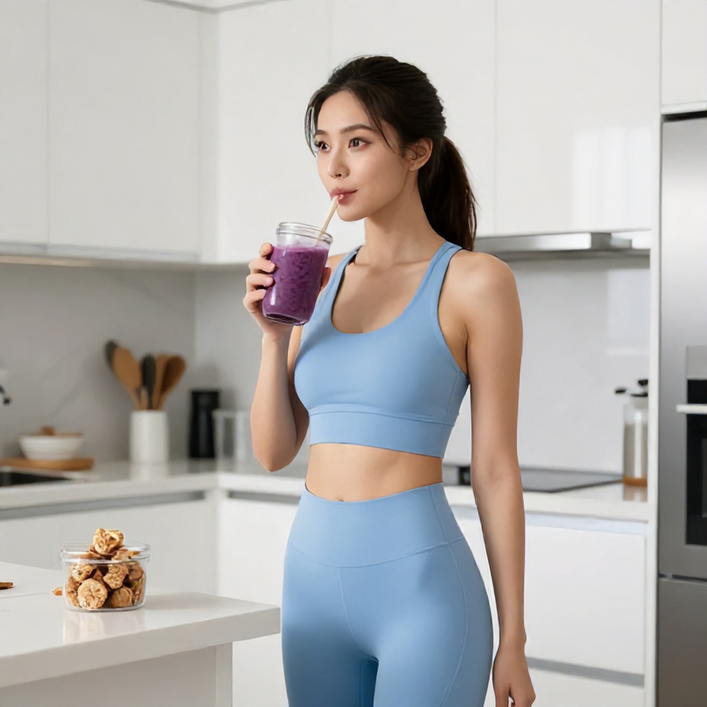 A woman in a light blue athletic set stands in a bright, modern kitchen, sipping a purple smoothie through a straw from a glass jar. The kitchen features clean white cabinetry and a polished countertop where a small container of energy-bite style snacks rests. The overall atmosphere is fresh and health-conscious, set in a well-lit and airy environment.