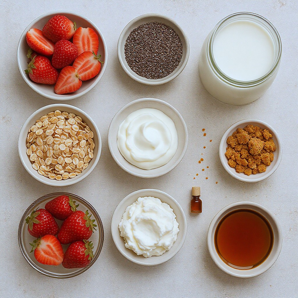 An overhead, flat-lay photograph displays a variety of breakfast ingredients arranged in individual bowls and containers on a neutral, textured surface. The spread includes rolled oats, sliced strawberries, almond milk, and chia seeds, along with creamy elements like cottage cheese and cream cheese. Liquid components such as maple syrup and vanilla extract are shown alongside crushed graham crackers, creating a bright and organized culinary display.