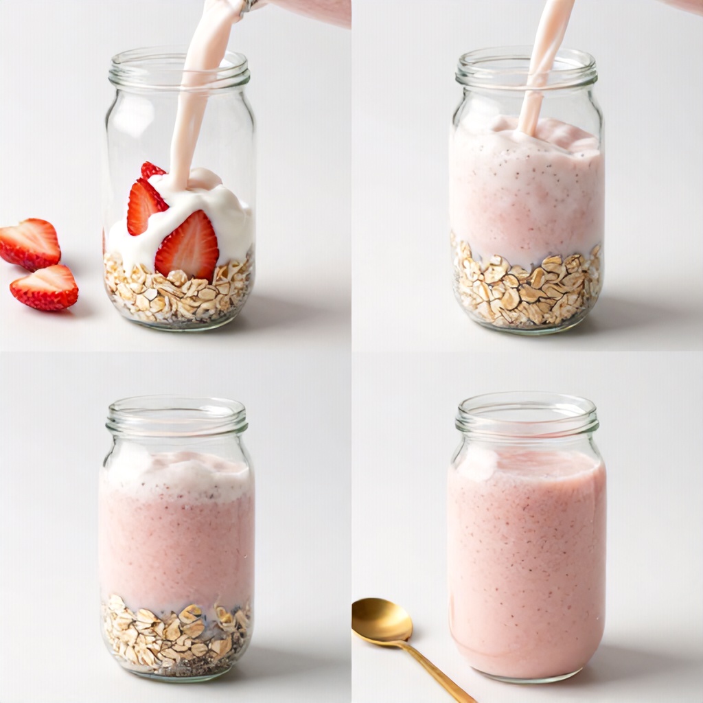 This four-part image sequence illustrates the process of making a strawberry-based beverage, starting with ingredients like sliced strawberries and cream being blended together. Once the mixture is smooth and frothy, it is poured into a clear glass jar layered with rolled oats and chia seeds. The final result is a light pink, textured drink presented in a bright and minimalist setting with a gold spoon.