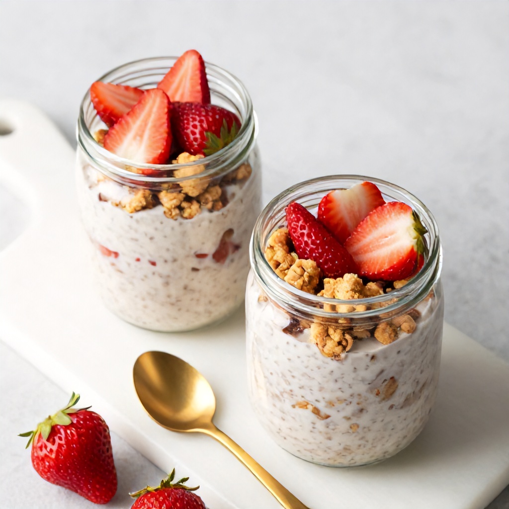 Two glass jars are filled with a creamy, textured breakfast bowl featuring layers of fresh strawberries and crumbled cookie topping. The jars sit on a white cutting board alongside a gold spoon and additional loose strawberries, creating an inviting and bright morning atmosphere. The overhead perspective emphasizes the vibrant red fruit against the soft, neutral tones of the background.