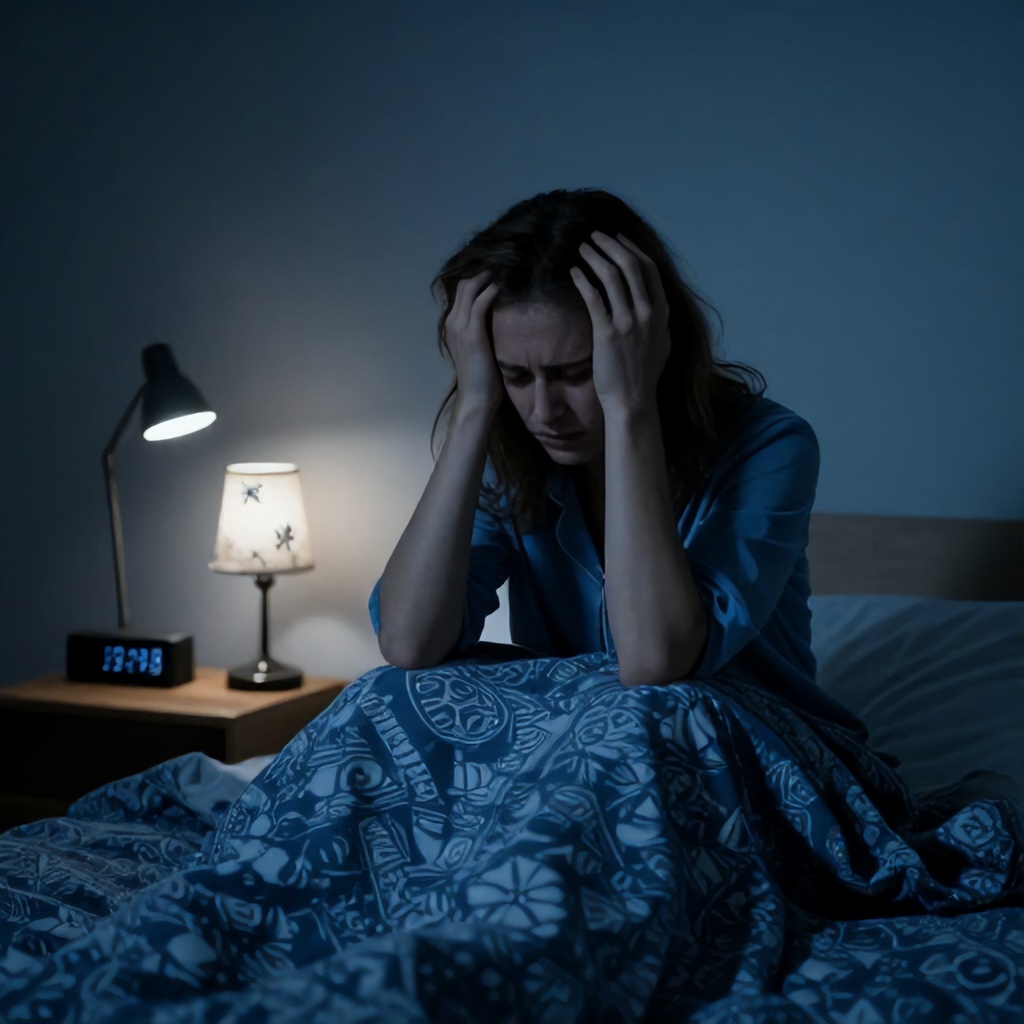 The image depicts a person sitting up in bed during the night, clutching their head with a distressed expression. They are wearing blue sleepwear, with a patterned duvet covering their lower body. The room is dimly lit by a small task lamp and a bedside lamp with a decorative shade, creating a somber and restless mood. A digital clock on the nightstand displays an early morning hour.
