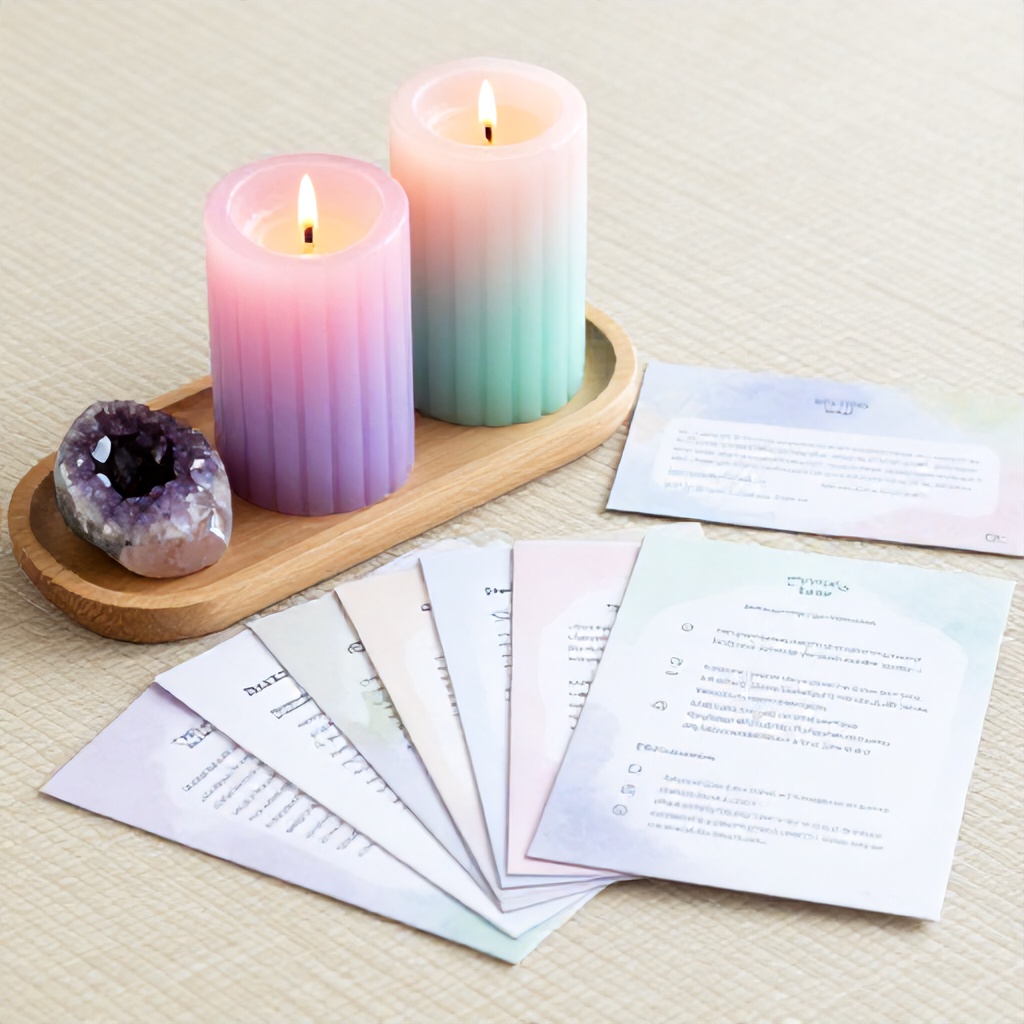 The image presents a serene arrangement of objects on a light-colored woven mat. Two lit, ribbed pillar candles, displaying a gentle gradient of pink, purple, and mint green, are prominent. They are placed on a small wooden tray alongside a polished pink stone and a dark purple crystalline geode. Numerous printed cards featuring pastel watercolor backgrounds and text, along with a larger instruction sheet, are fanned out across the surface, contributing to a calm and reflective mood.