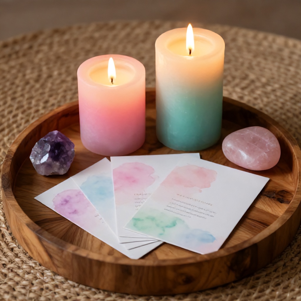 Two lit candles, transitioning in color from warm pink to soft teal, glow warmly on a rustic wooden tray. The tray also holds a cluster of small cards adorned with pastel watercolor washes and text, along with a rough purple crystal and a smooth pink stone. These items are arranged on a textured woven mat, creating a calm and contemplative setting.