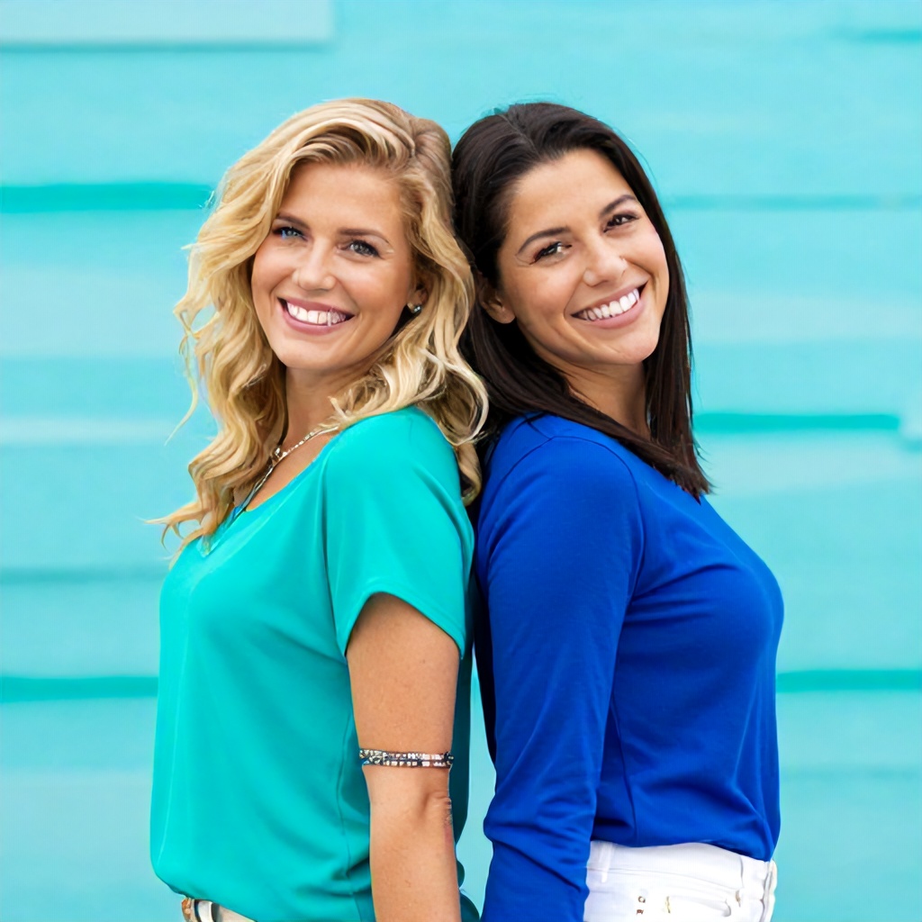 Two women are captured in a vibrant outdoor photograph, positioned back-to-back while smiling brightly. One woman has blonde, wavy hair and wears a turquoise top with multiple bracelets, while the other has dark hair and wears a royal blue long-sleeved top and white pants. The background features a soft, out-of-focus expanse of bright turquoise, likely water, contributing to the cheerful and energetic mood of the image.