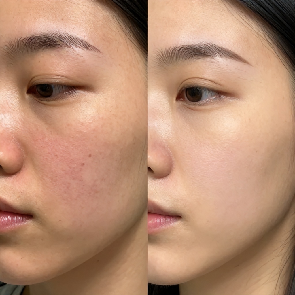 This split-screen image provides a comparison of a person's skin condition before and after treatment. The left side shows inflamed skin with active breakouts, while the right side displays the same individual with a significantly clearer, smoother complexion. The overall composition highlights a transformation in dermatological health and skin texture.