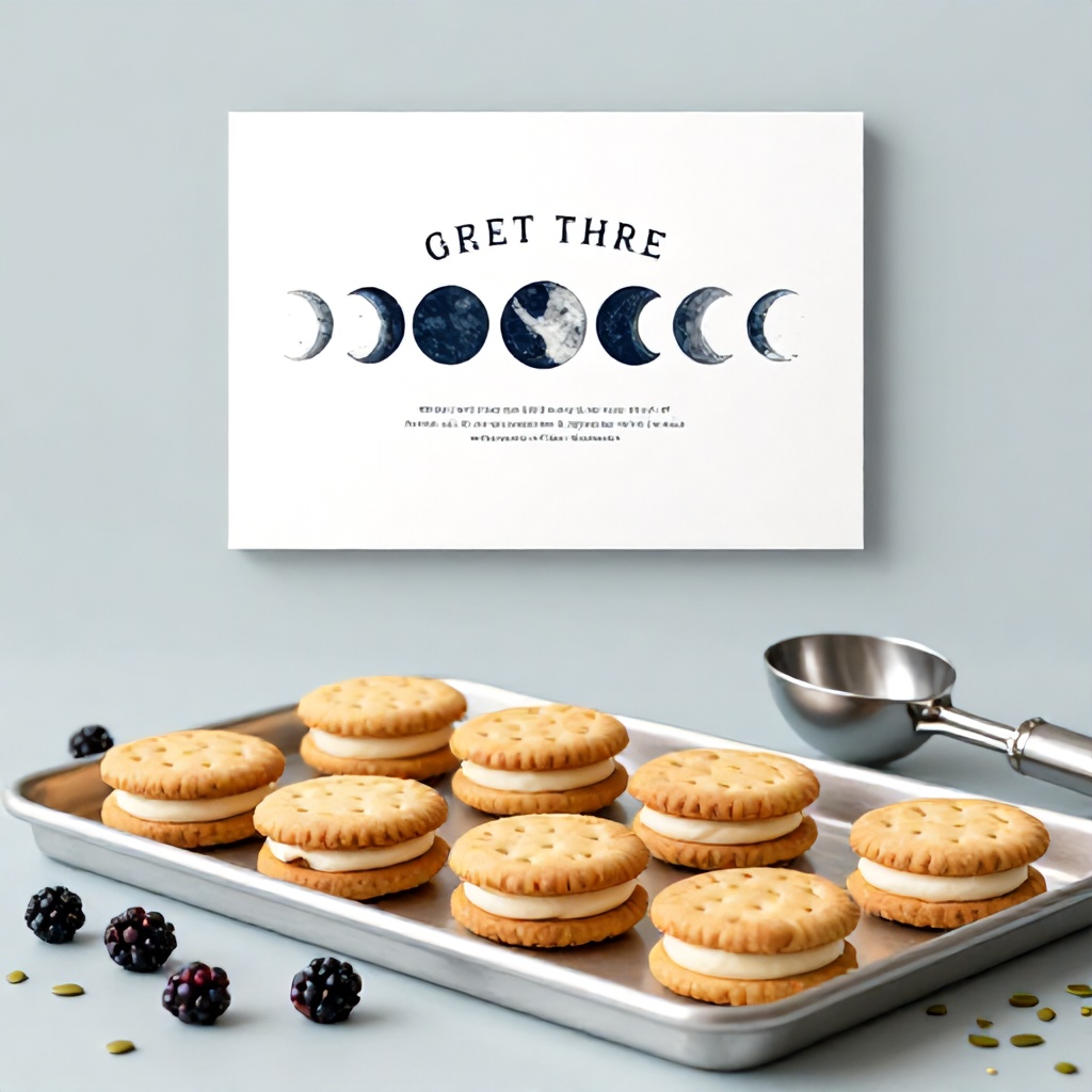 The image presents a light blue-grey background, with a rectangular item in the upper half featuring text and a decorative motif of moon phases. A metal baking sheet dominates the lower portion, laden with stacks of round sandwich cookies filled with a white cream. Scattered around the baked goods are dark berries and green seeds, alongside a metal ice cream scoop, all contributing to a rustic and wholesome food aesthetic.