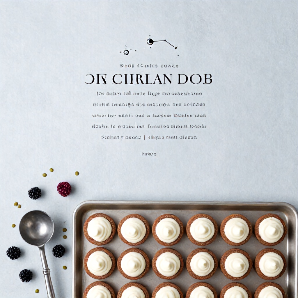 This image presents a top-down view of a light blue-grey surface, half of which features textual information and celestial symbols, possibly indicating a guide or cookbook. The lower half displays a metal baking sheet laden with several rows of round, brown baked goods filled with white cream. Scattered around the treats are dark berries and green seeds, with a vintage-style ice cream scoop positioned to the left, conveying a wholesome and rustic culinary theme.
