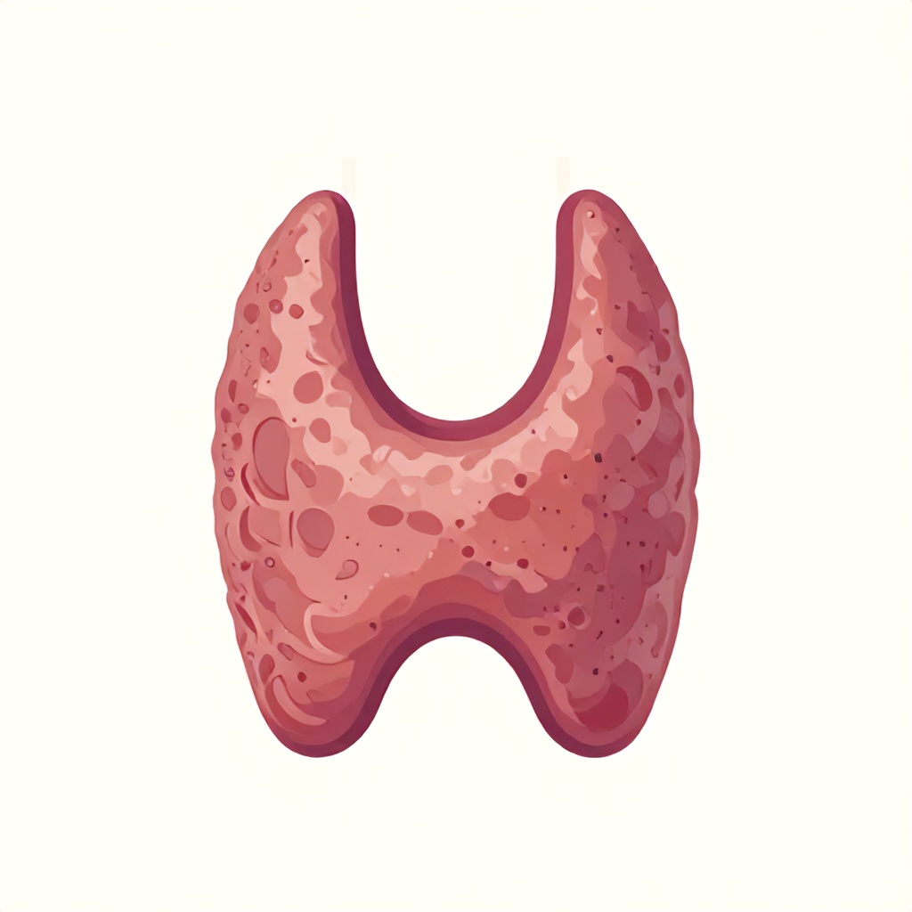 The image features a clean, informative graphic about health and physiology. It includes a medical illustration showing the location of the thyroid gland in the human neck, alongside a magnified, textured view of the gland itself. The aesthetic is clinical and educational, set against a plain, light-colored background.