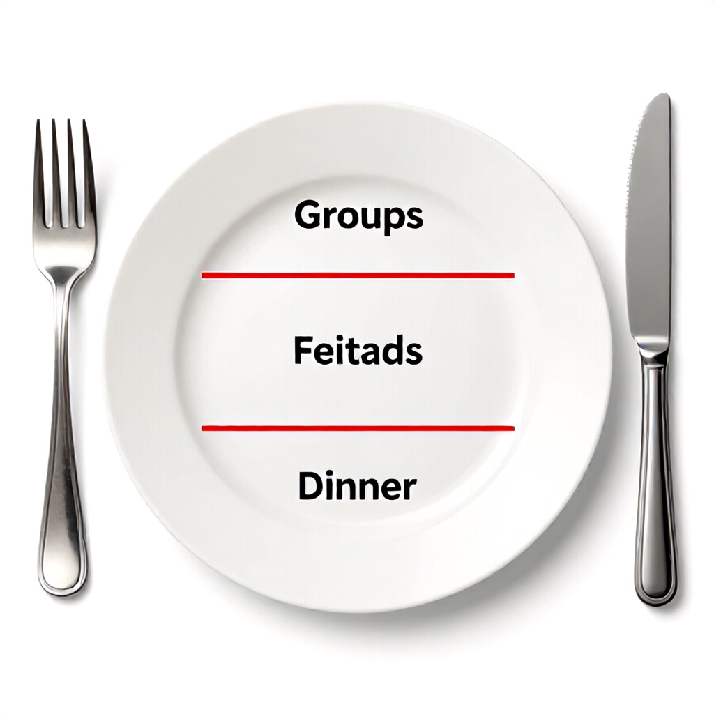 This image displays a white dinner plate divided into three equal sections by red lines, accompanied by a silver fork to the left and a knife to the right. Each section contains text describing different food groups. The overall presentation is clean, minimalist, and educational, set against a plain white background.
