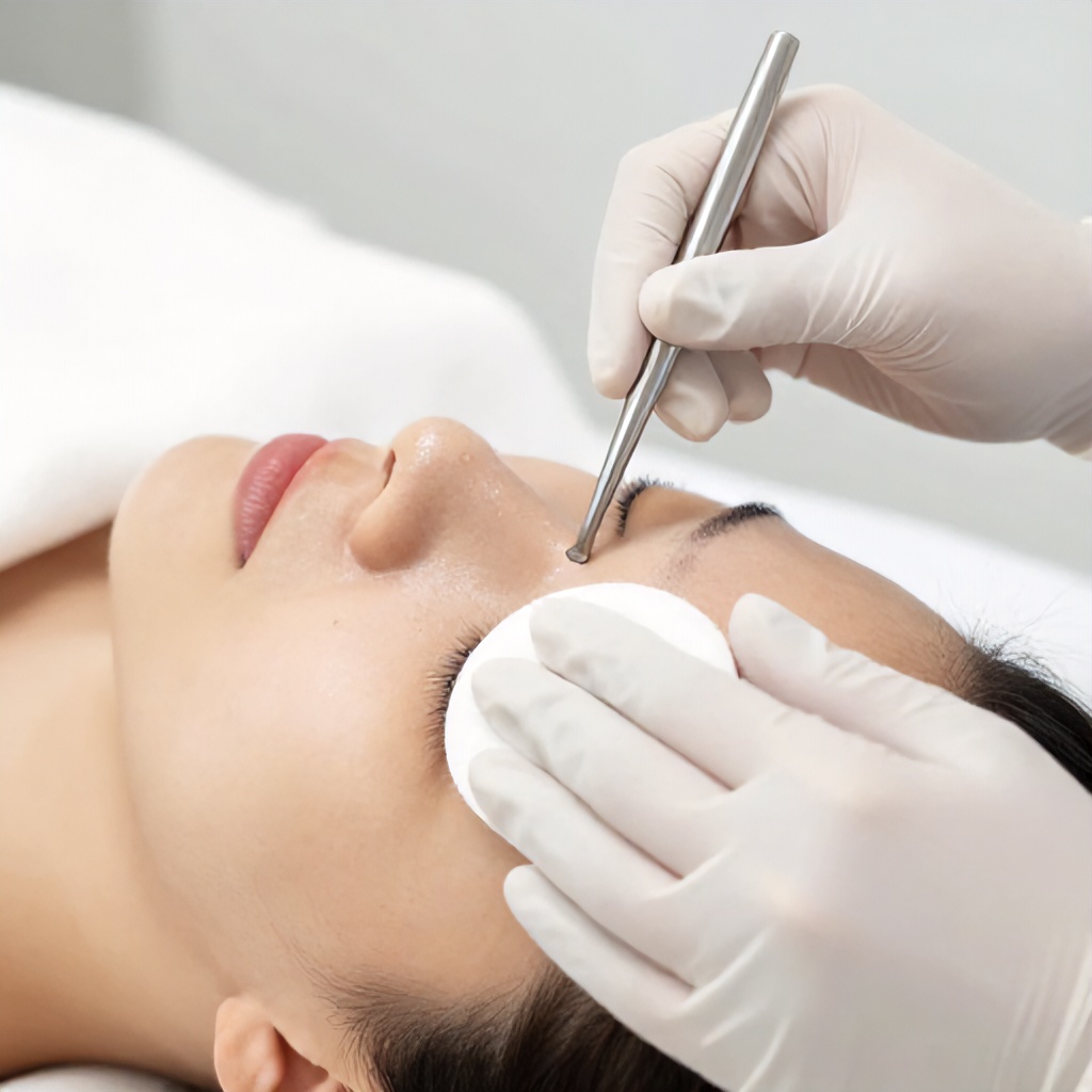 A close-up shot captures a person receiving a professional facial treatment while lying on a pristine white surface. A practitioner wearing white medical gloves uses a small metal tool to extract a blemish on the client's nose, while simultaneously holding a clean cotton pad near the forehead. The overall atmosphere is clinical, tranquil, and focused on skincare and dermatological care.
