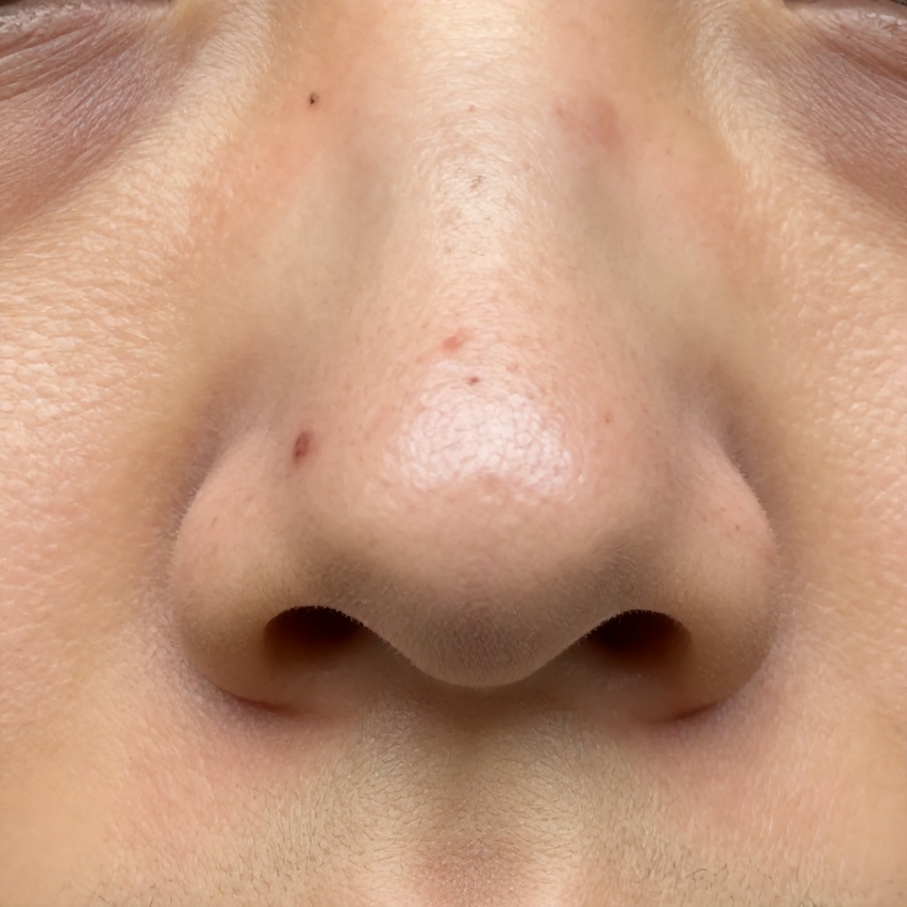 This close-up photograph focuses on a person's nose and surrounding facial skin, highlighting a cluster of visible blackheads and skin texture. The lighting is soft and neutral, emphasizing the natural pores and individual blemishes on the skin's surface. The overall composition is clinical and informational, clearly depicting a common skin concern.