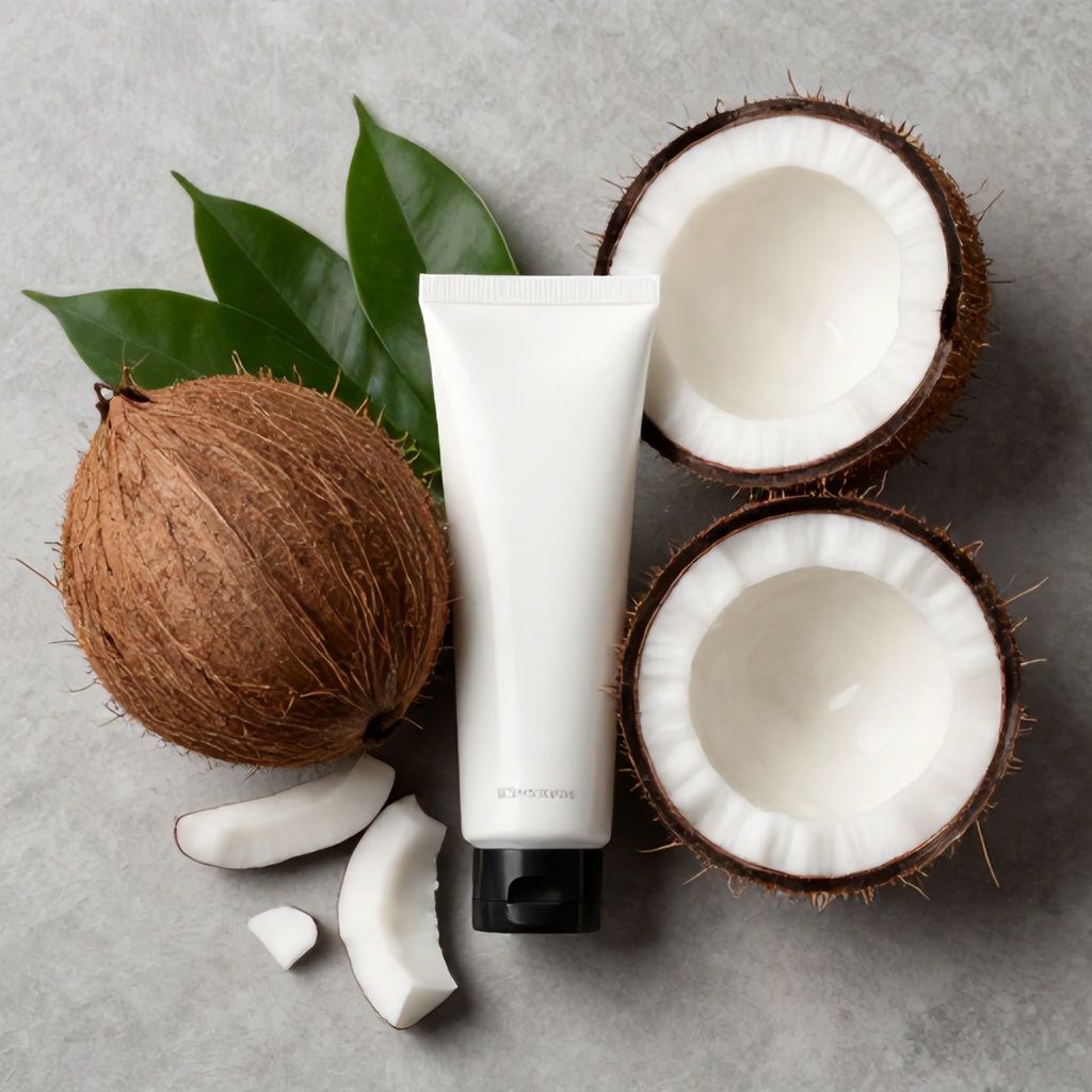 This overhead shot showcases a collection of natural ingredients and a cosmetic product. A whole coconut sits next to a tube of lotion, with two halves of a cracked coconut revealing its white flesh. Green leaves and scattered pieces of coconut flesh complete the serene, earthy composition.
