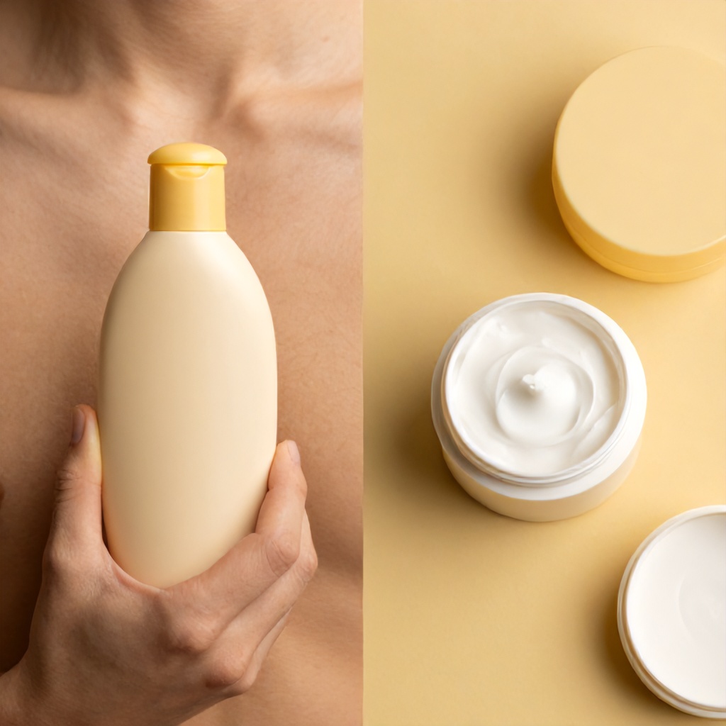 The image is a split composition. On the left, a portion of a person's torso is visible, holding a light-colored bottle with a yellow cap. On the right, several round containers of cream are arranged on a muted yellow surface. The overall aesthetic suggests personal care and wellness products.