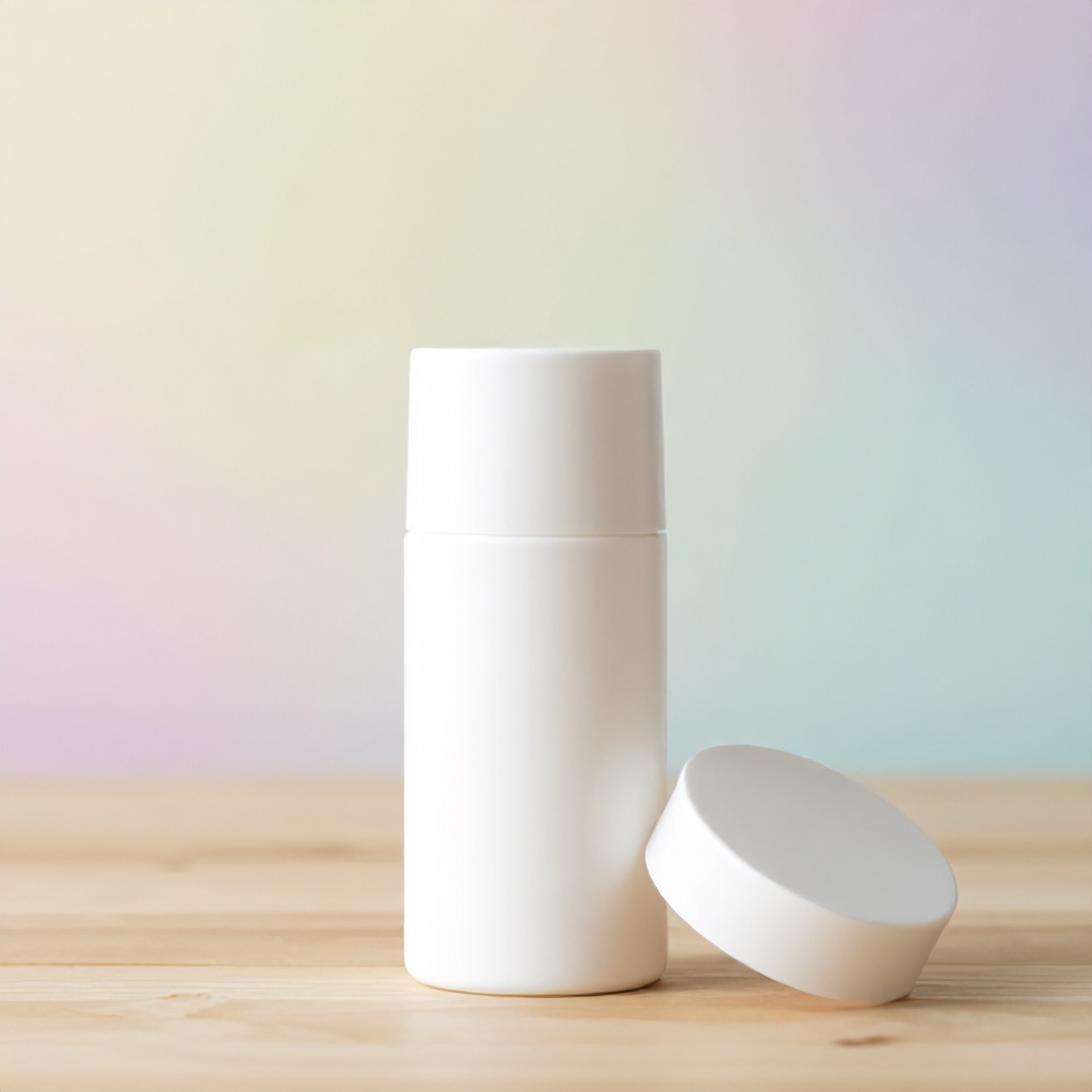 A white cylindrical container, likely a personal care product, stands on a wooden surface. The lid is removed and placed beside it. In the background, a soft, blurred wash of pastel colors suggests a diffused, natural light, creating a gentle and serene mood.