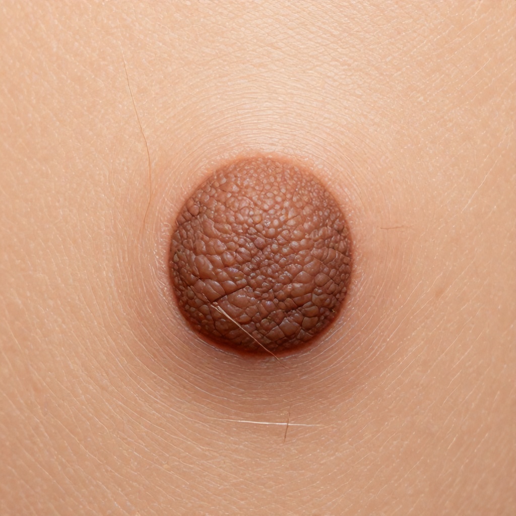 This close-up medical photograph shows a brown, textured mole situated on a patch of human skin. The lesion appears raised with a slightly irregular, pebbled surface and is surrounded by a few fine, light-colored hairs. The lighting is uniform, highlighting the detailed topography of the skin growth against the smoother complexion of the surrounding area.