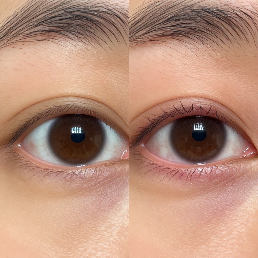 This split image shows a close-up comparison of an human eye. The left panel shows a macro view of a healthy eye, while the right panel displays a zoomed-in detail of a reddish, inflamed lesion along the edge of the eyelid near the eyelashes. The tone is clinical and informative, focusing on the dermatological characteristics of the affected area.