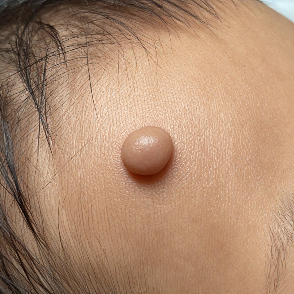 This close-up photograph shows a small, rounded, flesh-toned growth situated within a patch of dark hair on human skin. The texture of the lesion appears smooth and slightly raised compared to the surrounding scalp area. The lighting is clinical and direct, highlighting the physical characteristics of the growth against the contrast of the hair.