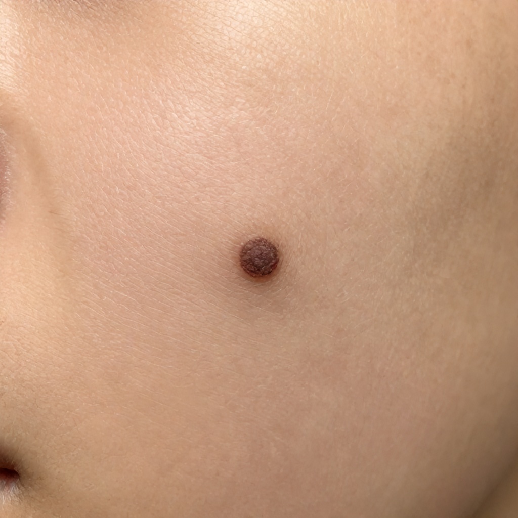 This close-up photograph shows a small, dark mole situated on an expanse of light-toned human skin. The skin texture is clearly visible, highlighting the natural pores and fine lines surrounding the raised, circular growth. The lighting is soft and even, creating a clinical and neutral appearance.