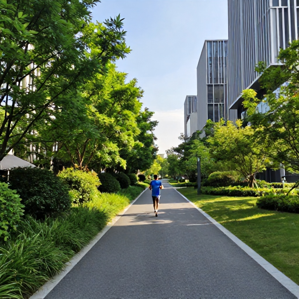 Urban Jogging on Paved Paths with Green Foliage and Buildings