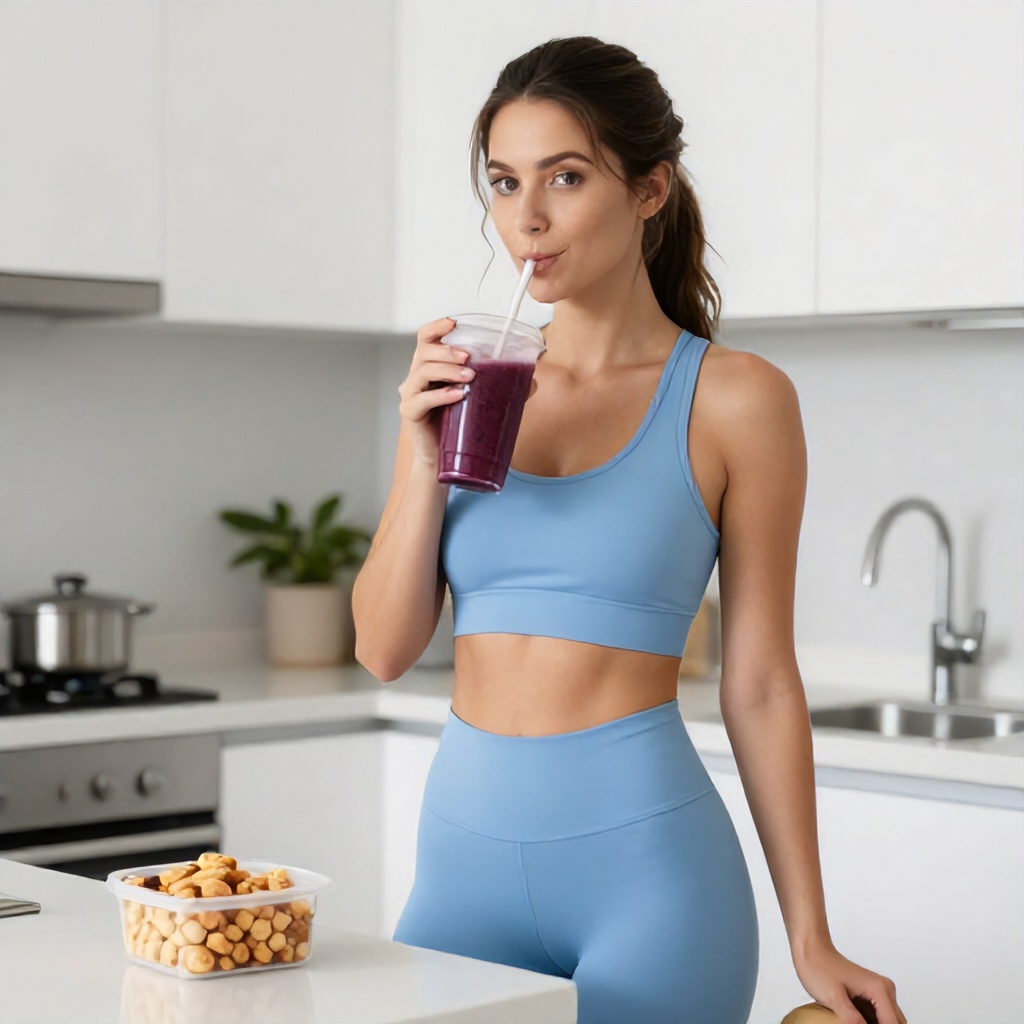 A woman in a light blue athletic set stands in a bright, modern kitchen, sipping a dark purple smoothie through a straw. In the foreground, a container of small snack bites sits on a white countertop, while the background features clean white cabinetry and a stove. The overall scene is well-lit and airy, conveying a sense of healthy living and wellness.