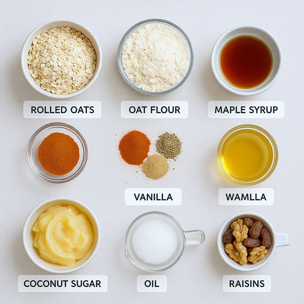 An overhead shot displays an assortment of baking ingredients arranged on a light, textured surface, with each item identified by a clean white label. The collection includes rolled oats, oat flour, maple syrup, vanilla, and dry spices, alongside bowls and measuring cups containing applesauce, oil, coconut sugar, walnuts, and raisins. The bright, neutral color palette and organized layout create a clean and instructional aesthetic for a recipe preparation scene.